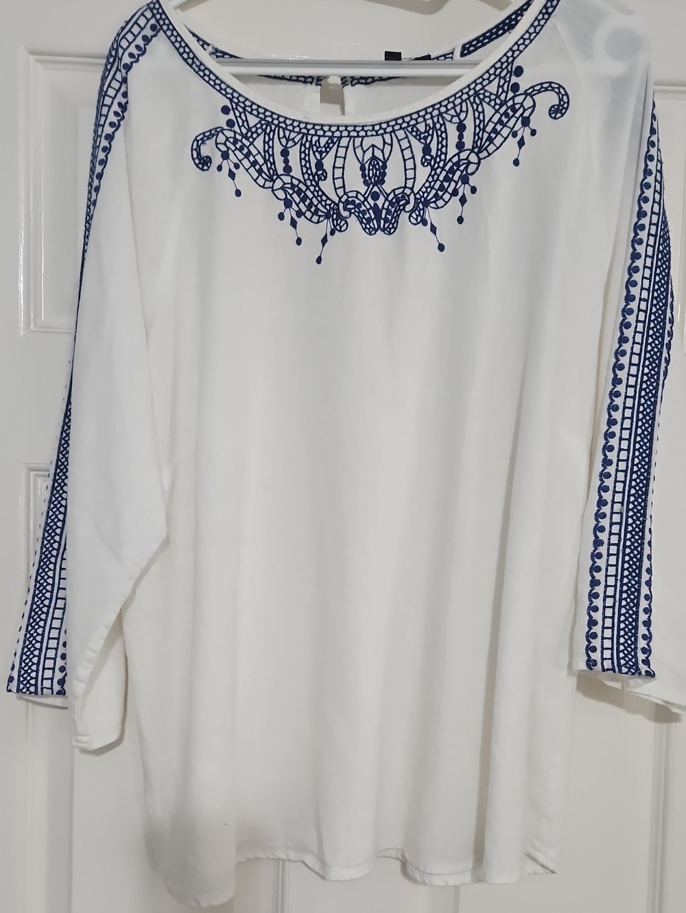 Women’s White Embroidered Boatneck Top with Navy Trim